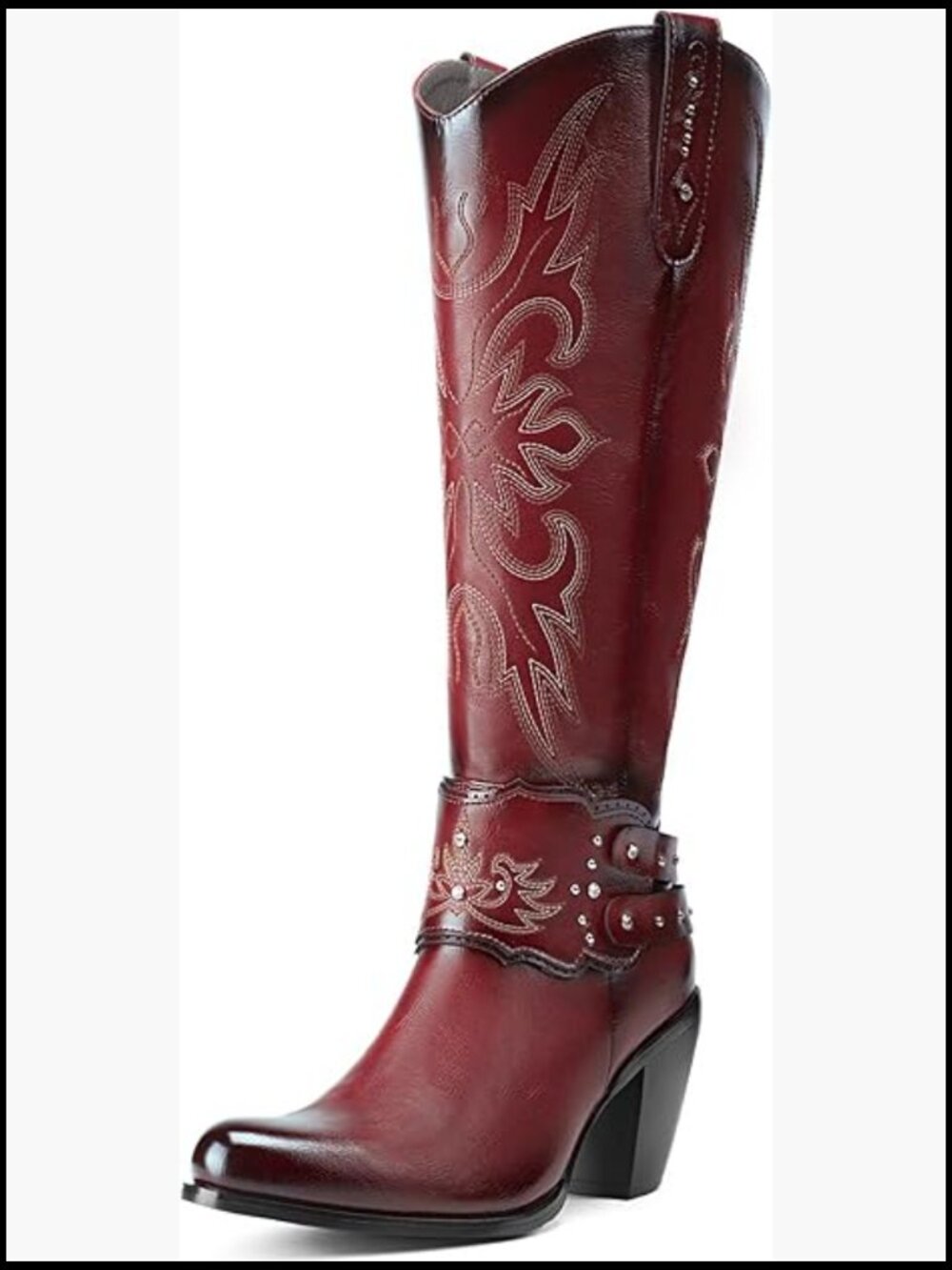 Women's Burgundy Western Knee-High Studded Harness Boot